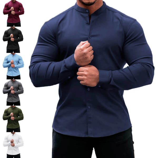 2022 New Men's Solid Color Casual Long Sleeve Shirt Slim Fit Micro-Stretch Comfortable Breathable Stand Collar Top