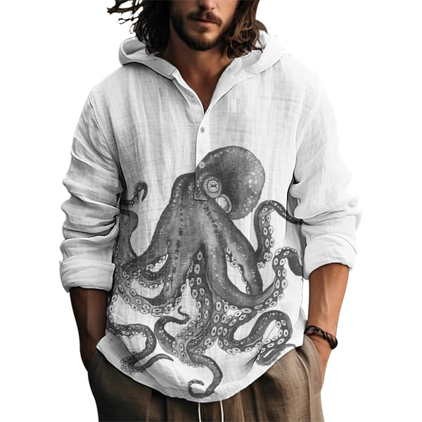 2024 Hot selling Octopus Digital Printed New Bamboo Hemp, Men's Thin Button Long Sleeve, Hoodie, Unique Printed Comfortable New