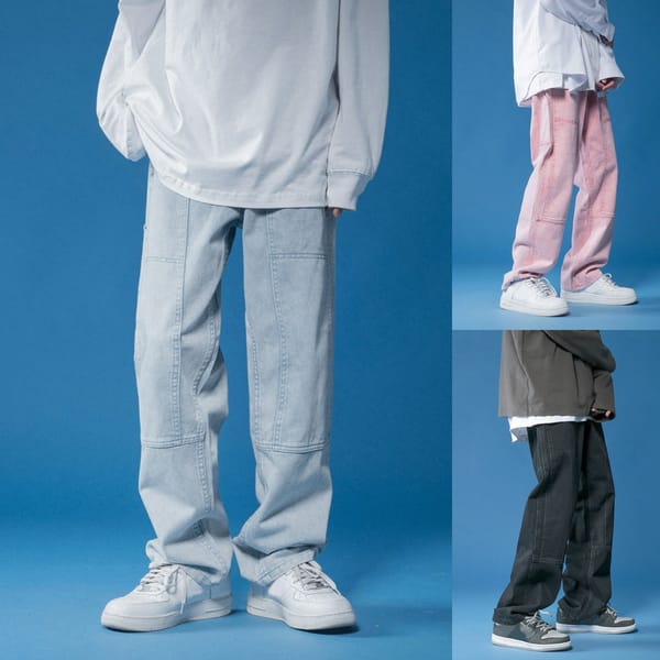 Men's High Street Style Solid Color Loose Versatile Straight Denim Long Pants Retro Fashion Oversize Pockets Wide Leg Jeans