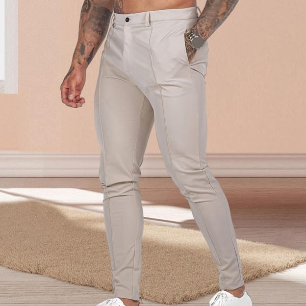 Elastic Waist Pants Men's Slim Fit Business Trousers with Breathable Fabric Ankle Length Design Solid Color Mid Waist Pants