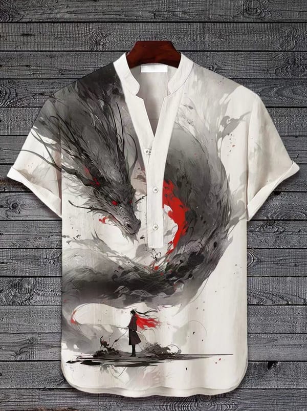 2024 Summer men's Hawaiian small V-neck Japanese art cat art printed shirt men's casual shirt fashionable and comfortable top