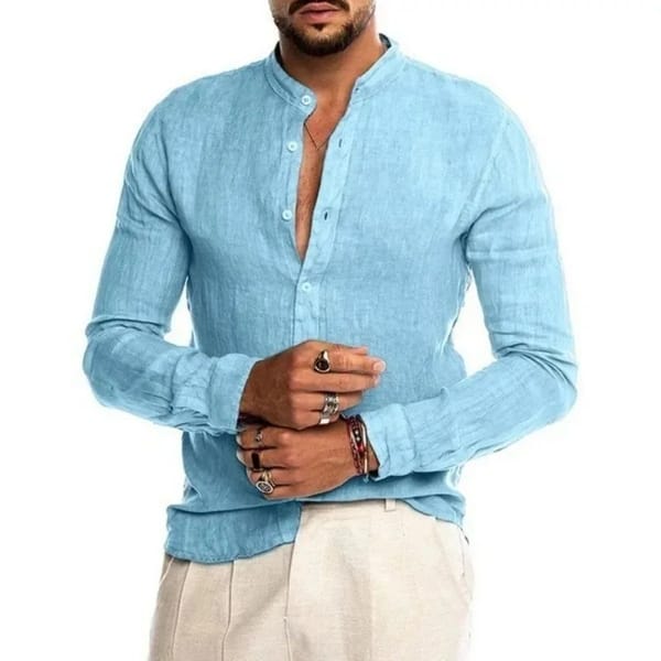 Summer New Men's Casual Linen Fabric Soft and Skin Friendly Breathable Long Sleeved Shirt