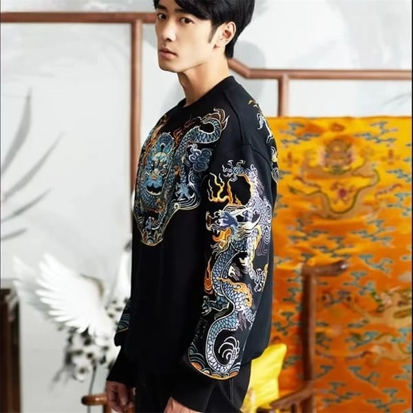 China-Chic Men's Long Sleeve Dragon Pattern Robe Casual Autumn Winter Tide Dragon Pat