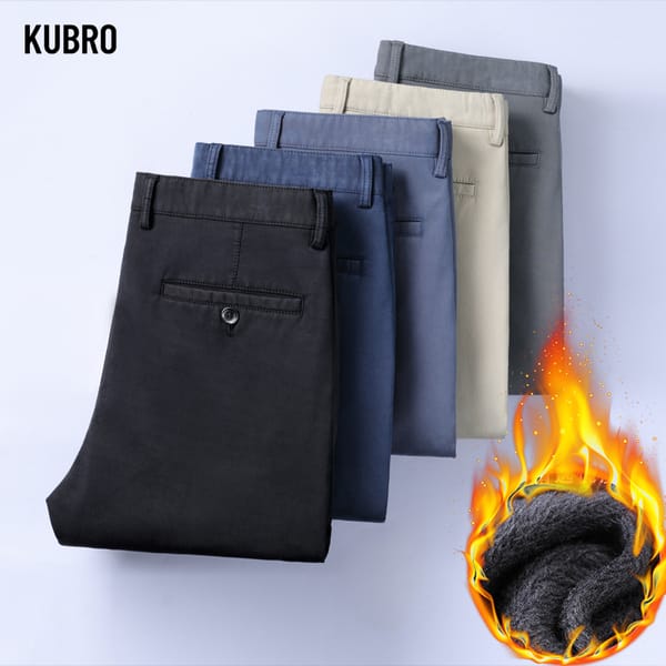 KUBRO 2022 Winter Men's Pants All-match Casual Plus Velvet Trousers Man Fleece Straight Korean Blue Business Trousers Puls Size