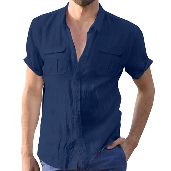 Men'S Summer Solid Shirts Fashion Regular Cotton Linen Short Sleeve Shirts Casual Fashion Fitting Lapel Shirts With Chest Pocket