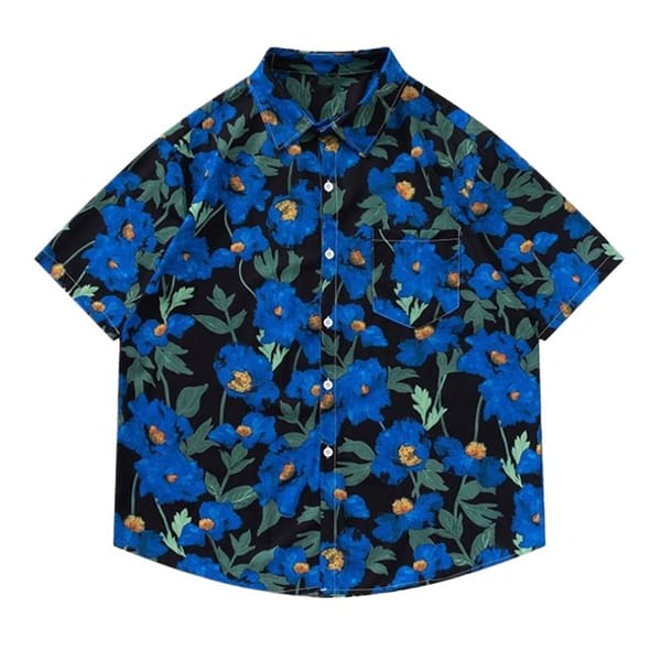 2024 Summer Spring Men's Cothing Cotton Turn-down Collar Shirts Retro Blue Printed Casual Loose Beach Style Hawaiian Plus Size