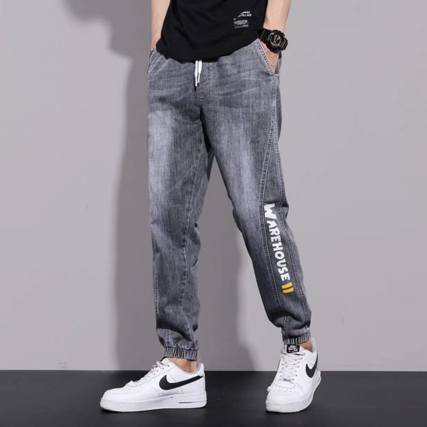 2024 Korean Casual Drawstring Denim Harem Pants Men's Jeans Spring Autumn Fashion Hip Hop Loose Hole Baggy Washed Jeans korean