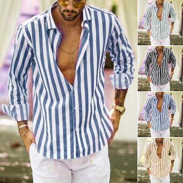 Men Lapel Shirt Men's Striped Print Cardigan for Casual Daily Wear Spring/fall Loose Fit Shirt with Turn-down Collar