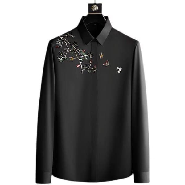 2024 Spring and Autumn New Men's Slim Personality Flower Embroidery Long Sleeve Shirt Trend Everything Shirt