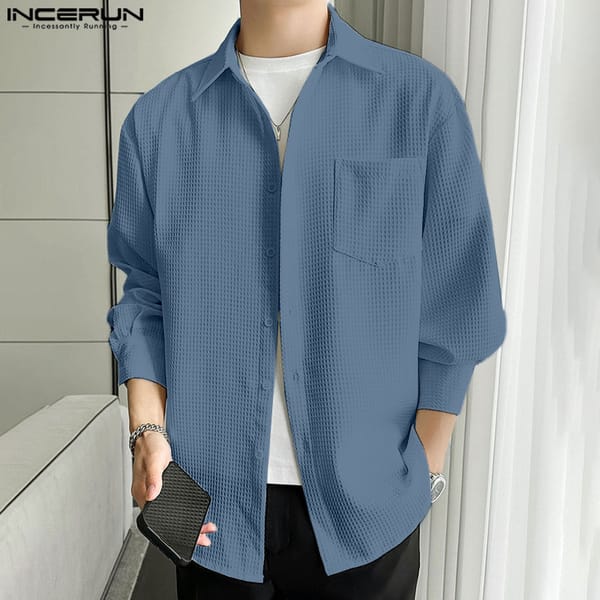 INCERUN Men's Shirt Solid Color Lapel Long Sleeve Streetwear Button Casual Men Clothing 2024 Korean Style Loose Fashion Shirts