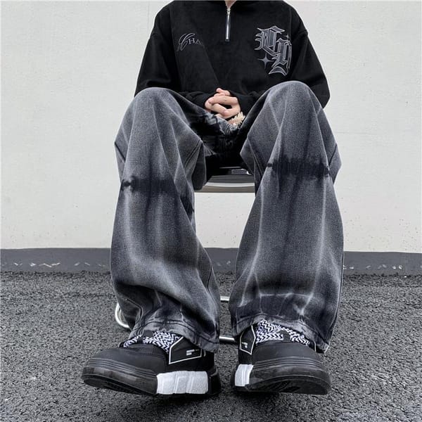 Men's Vintage Jeans Fashion Washed Street Casual Wide Leg Denim Pants Autumn Distressed Loose Male Versatile Trousers C59