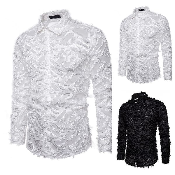2024 Summer New Men's Shirt Handmade Three Dimensional Feather Fabric Featured Collar Long Sleeve Shirt