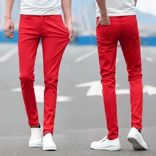 Summer 2023 Youth Teenagers Red White Blue Korean Luxury Clothing Men's Slim Jeans Harajuku Fashion Stretch Skinny Casual Pants