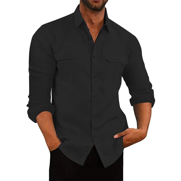 Spring Autumn Men's Casual Business Shirts Long Sleeve Loose Blouse Band Collar Button Turn-Down Shirt Man Tops