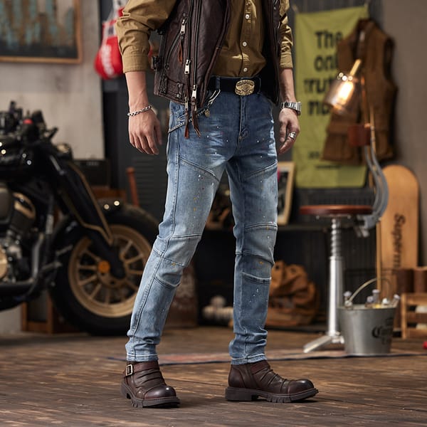 Stitching Motorcycle Jeans Men's Slim Fit Skinny High-Grade Washed Blue Retro Distressed J Tight Motorcycle Trousers