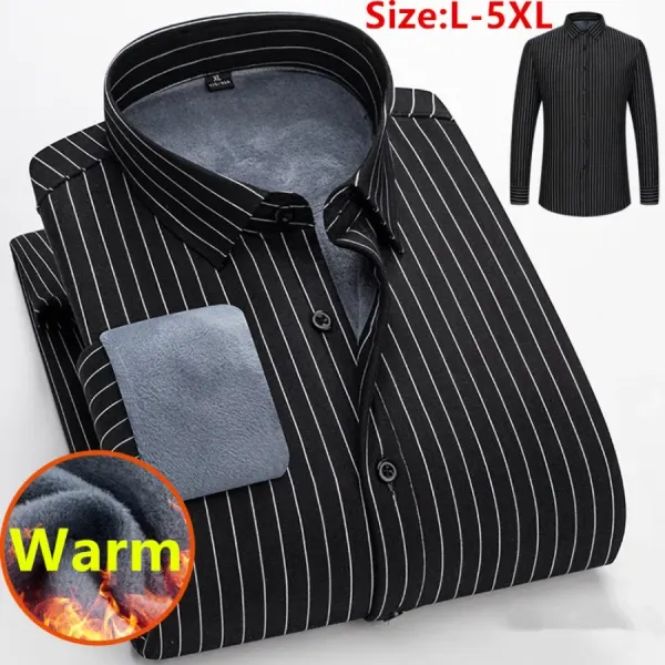 2024 Men's Striped Long Sleeve Warm Shirts Single-breasted Turn-down Collar Business Shirt Fleece Lined Warm Tops for Men Shirts