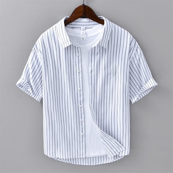 Summer men's casual solid color striped shirt, loose and versatile, handsome men's shirt, youth short sleeved shirt, oversized