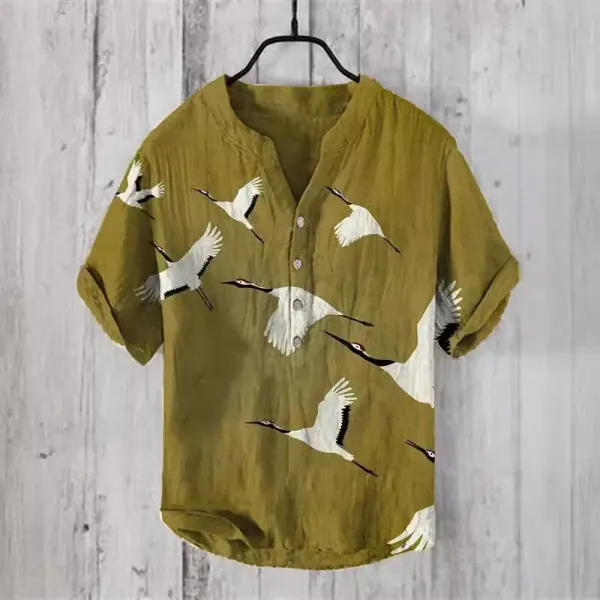 2024 New Hawaiian Short Sleeve Shirt 3D Printed Bamboo Linen Casual Loose Pullover Buttoned Men's Shirt