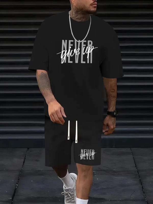 Summer Men's T-shirt Set Fashion Simple Letter Print Men's T-shirt Short Sleeve + Shorts Two Piece Oversized Casual Sports Men's