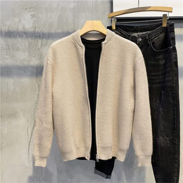 Korean Autumn Men's 2024 New Patchwork O-Neck Zipper Fashion Solid Color Screw Thread Loose Casual Knitted Long Sleeved Jacket