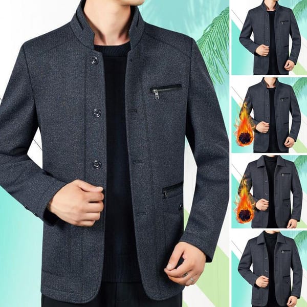 Casual Jacket Men Spring Jacket Men's Thick Plush Warm Winter Jacket with Zipper Pockets Lapel Single-breasted Mid for Father