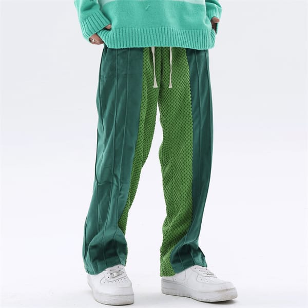Color Matching Stitching Jacquard Sweatpants Men's High Street Fashion Loose Drawstring Straight Trousers Wide Leg Casual Pants