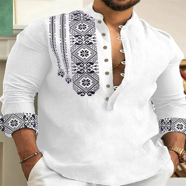 Fashion Casual 7 Button Mens Long Sleeve Shirt Button Down Shirt Loose Henley V Neck Beach Top T Shirt High Quality Material