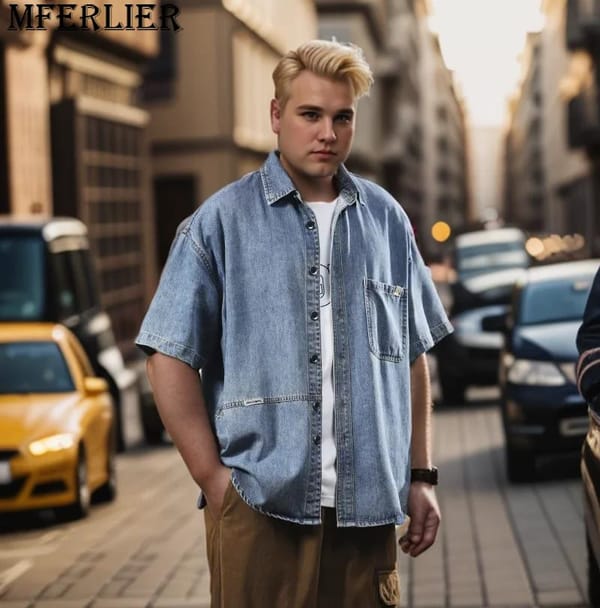 Spring Summer Short sleeved Denim Shirt for Men's Wash Fashion Brand Coat Fat Plus Size Loose Work Shirt 140kg 7XL