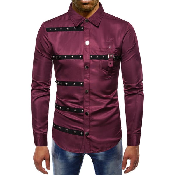 New Men's Shirt Vintage Rivet Stripe Lapel Long Sleeve Slim Shirts Streetwear Man Gothic Evening Dress Shirts Ropa Gotica Hombre