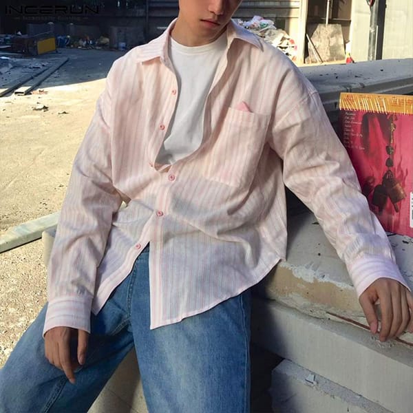INCERUN Tops 2024 Korean Style Fashion Men's Personality Striped Back Tie Design Shirt Casual Clubwear Long Sleeved Blouse S-5XL