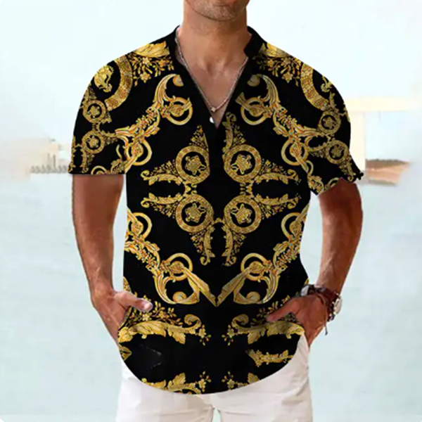 2024 men's summer luxury Hawaiian shirt V-neck oversized short sleeved top fashion designer clothing men's Henry shirt oversized