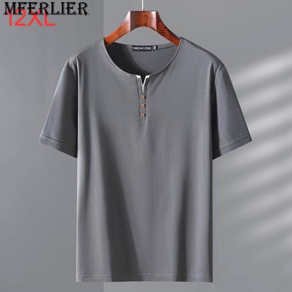 New large size men's short-sleeved T-shirt summer youth plus size half-sleeve men's tops button collar Henry Collar 12XL 11XL