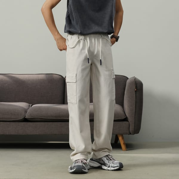 Autumn new straight leg casual jeans men's elastic waist white cargo multi-pocket loose hanging wide leg pants