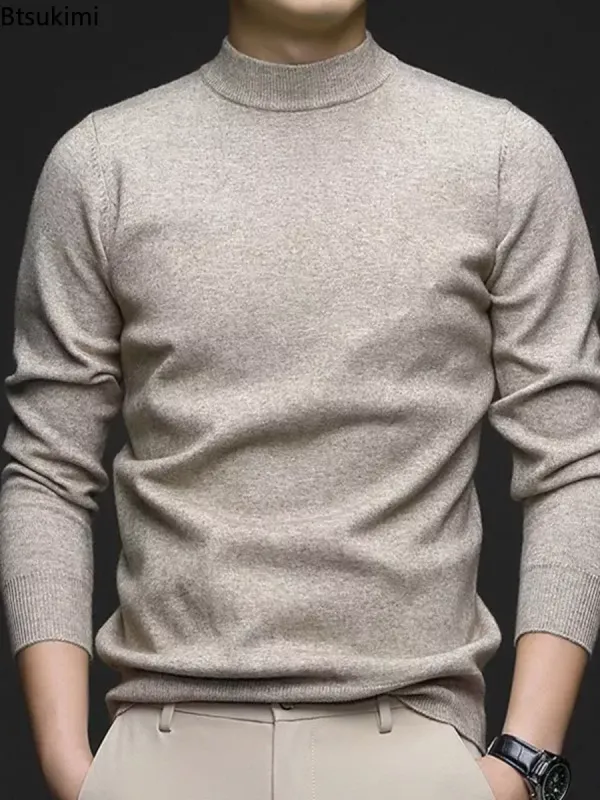 2024 Men's Thick Warm Sweater Tops Autumn Winter Keep Warm Pullover Sweater Half High Collar Wool Bottom Shirt for Men Clothes
