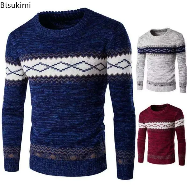2024 Men's Contrast Color Knitted Sweater Autumn Winter Ethnic Style Slim Fit Bottom Knitted Sweater Tops for Men Casual Sweater