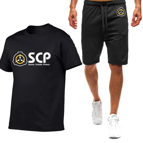 2024 Men's Scp Foundation New Summer Tracksuit Cotton Short Sleeve T Shirt Sport Breathable Tops+Shorts Two Piece Suits Clothes