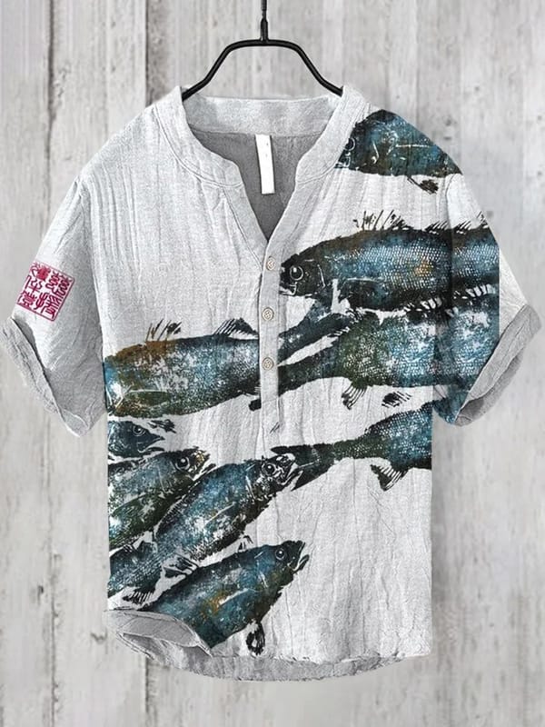 Chinese style men's cross-border summer 3D printed ocean fish series linen short sleeved shirt casual fashion shirt factory