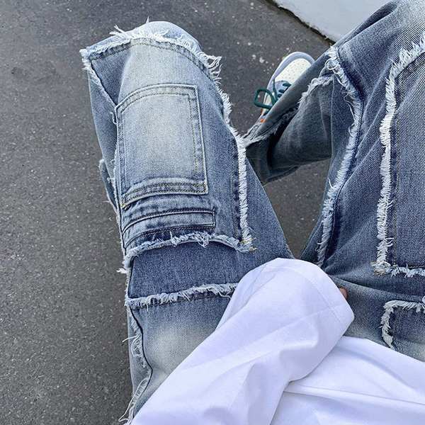 European and American men's retro tooling jeans raw edge splicing straight trousers trendy handsome fried street denim trousers