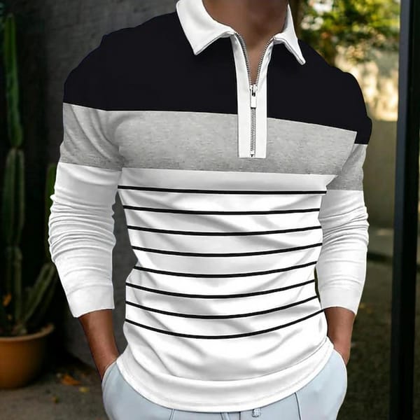 Regular Fit Men Top Men's Striped Long Sleeve Shirt with Zipper Decor Slim Fit Business Style Top for Fall Spring Soft