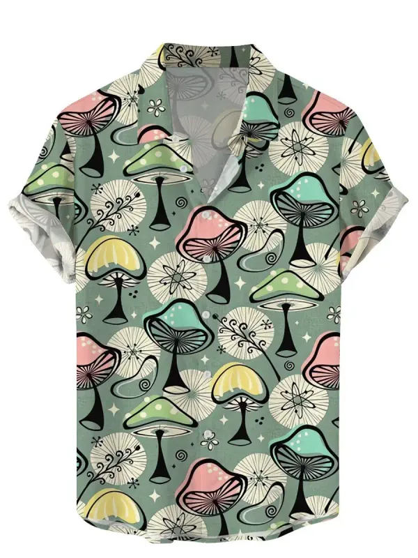 Men's Shirts color Mushrooml pattern 3D Print Tops Summer New Casual Holiday shirt Button Lapel Short Sleeves Unisex Clothing