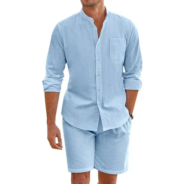 Men's 2 Pcs Sets Daily Casual Cotton Linen Outfits Vintage Stand Collar Button-up Shirts And Shorts Sets For Men Clothing Summer
