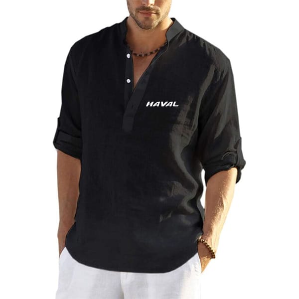2023 New Spring Summer Men's Haval Car Logo Printed Solid Color Sports Style Half Single Breasted Stand Collar Linen Long Sleeve