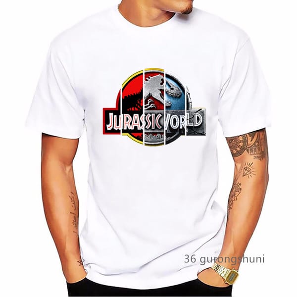 Jurassic Park Print T Shirt Men'S Clothing Summer Fashion Dinosaur Tshirt Homme White Short Sleeve T-Shirt