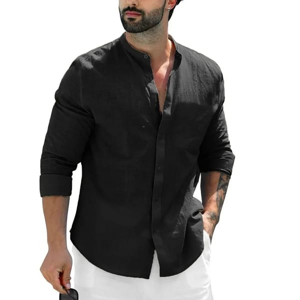 8 Colors!Men's Long Sleeve Linen Solid Shirt Button-up Shirts Trend Loose Stand Collar Casual Cotton Tops Hawaiian Shirt