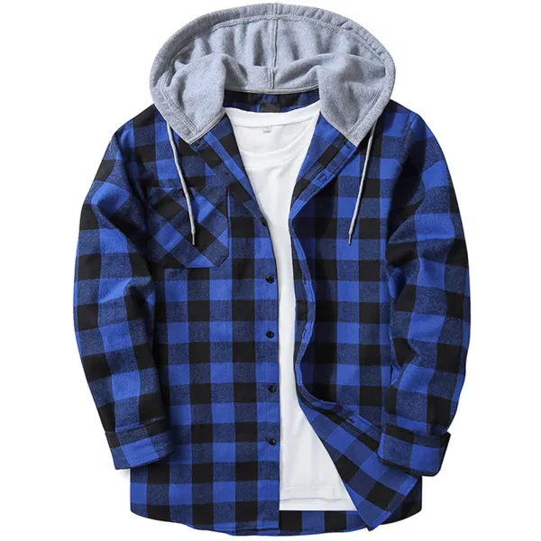 Spring Autumn Casual Loose Men's Plaid Shirts Long Sleeve Single Breasted Hooded Shirts Flannel Cardigan Tops for Men Jackets