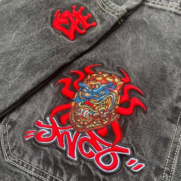 Streetwear 2024 Jeans Y2K Pants Men's Harajuku Hip Hop Lion Dance Pattern Embroidered Loose Jeans Black Pants Wide Leg Pants