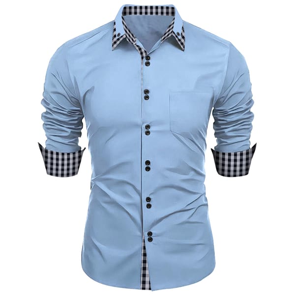 New fashion trend Spring autumn men's double button plaid color business casual slim long-sleeved shirt top