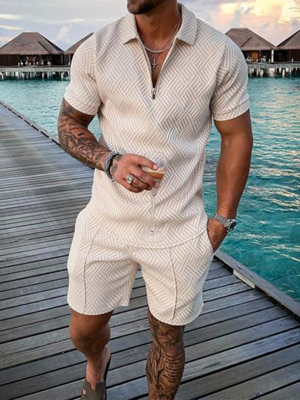Men's Summer Solid Color Zipper Casual Lapel Short Sleeve Set 3D Retro Polo Shirt Street T-shirt Shorts Sports Two Piece Set