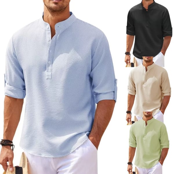 2024 New Long Sleeve Men's Casual Blouse Stand Button Neck Cotton Linen Shirts Solid Loose Tops Tee Shirt Spring Summer Shirts