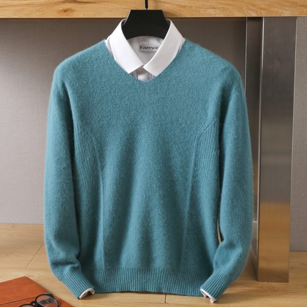 Autumn and winter new men's 100% pure mink velvet V-neck solid color long sleeve thick business loose knit pullover